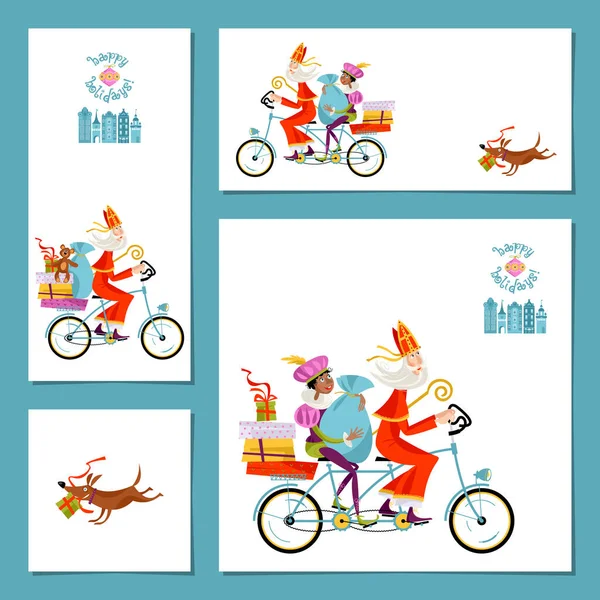 Conjunto Cartas Universales Con Sinterklaas Ayudante Navidad Holanda Ilustración Vectorial — Archivo Imágenes Vectoriales