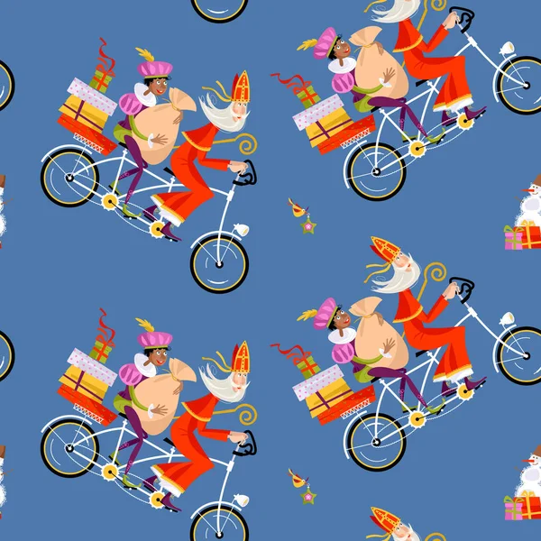 Navidad Holanda Sinterklaas Ayudante Entregan Regalos Una Bicicleta Tándem Ilustración — Vector de stock