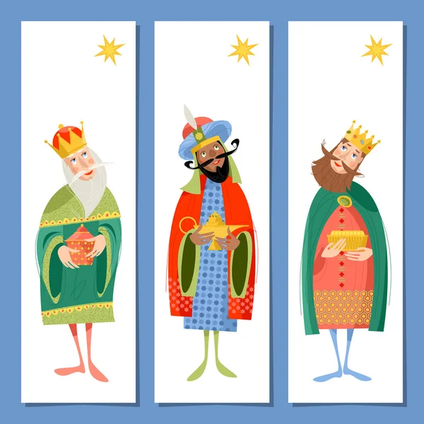 Conjunto Tarjetas Felicitación Navideñas Universales Marcadores Con Tres Reyes Bíblicos — Archivo Imágenes Vectoriales