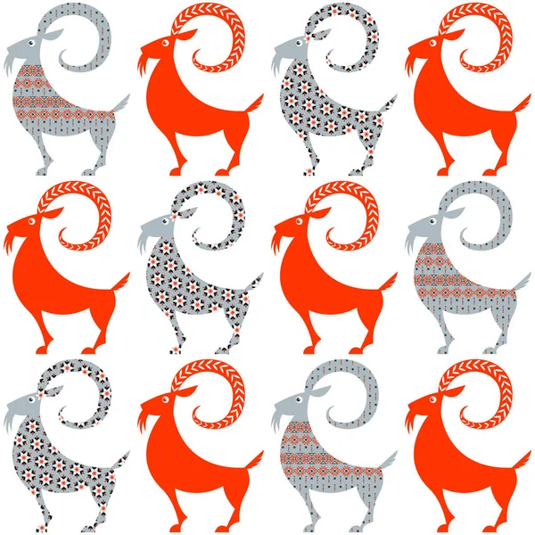斯堪的纳维亚传统圣诞装饰 有不同图案的Yule山羊 无缝隙背景图 矢量说明 — 图库矢量图片