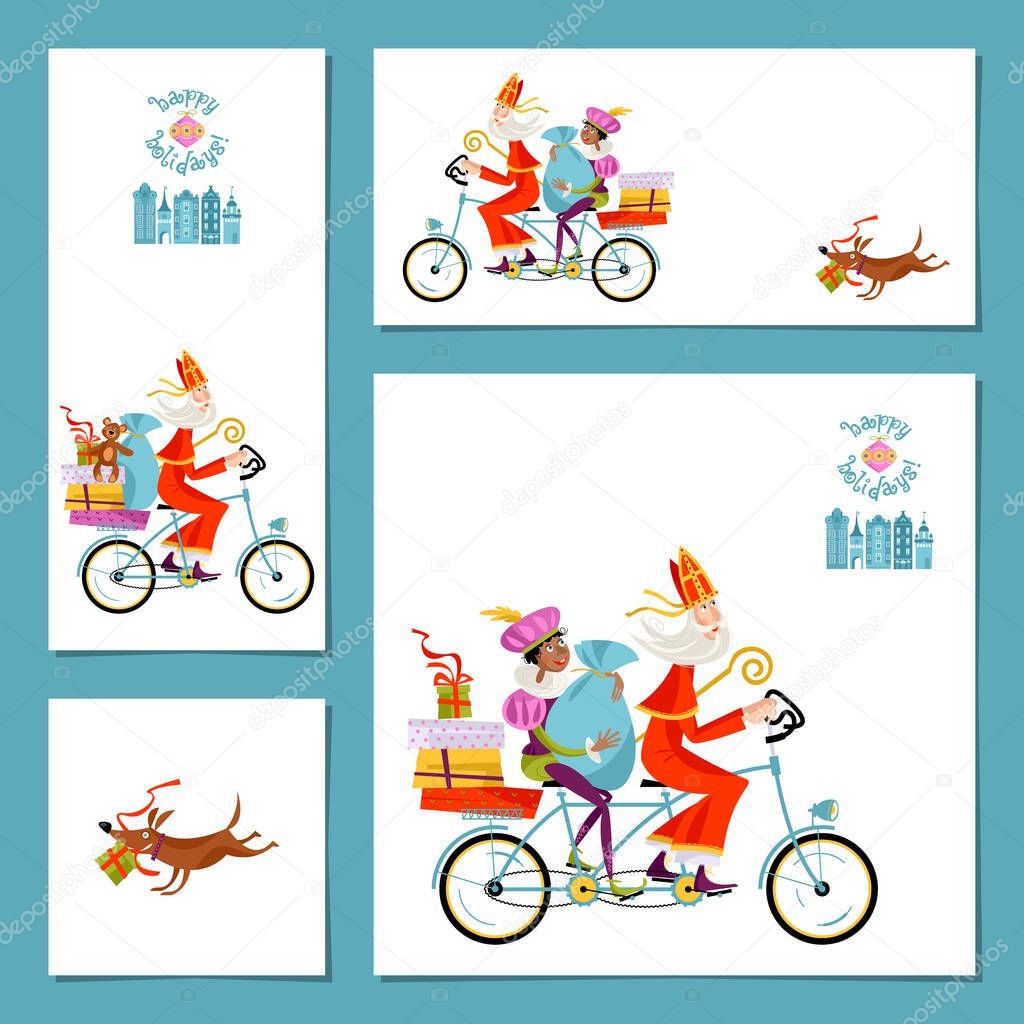Set of 4 universal cards with Sinterklaas and his helper. Christmas in Holland. Vector illustration.