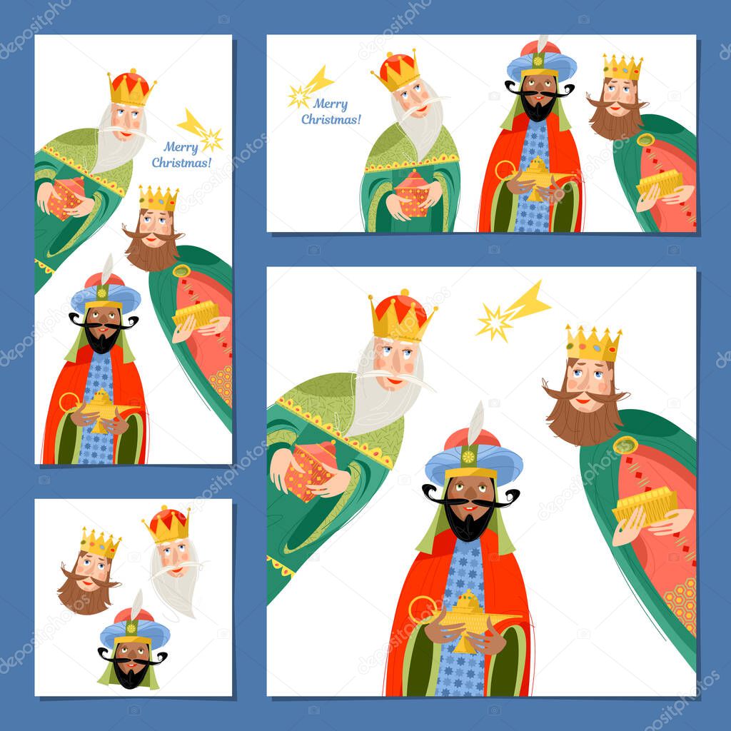 Set of 4 universal Christmas greeting cards with three biblical Kings: Caspar, Melchior and Balthazar.  Three wise men. Template. Vector illustration.