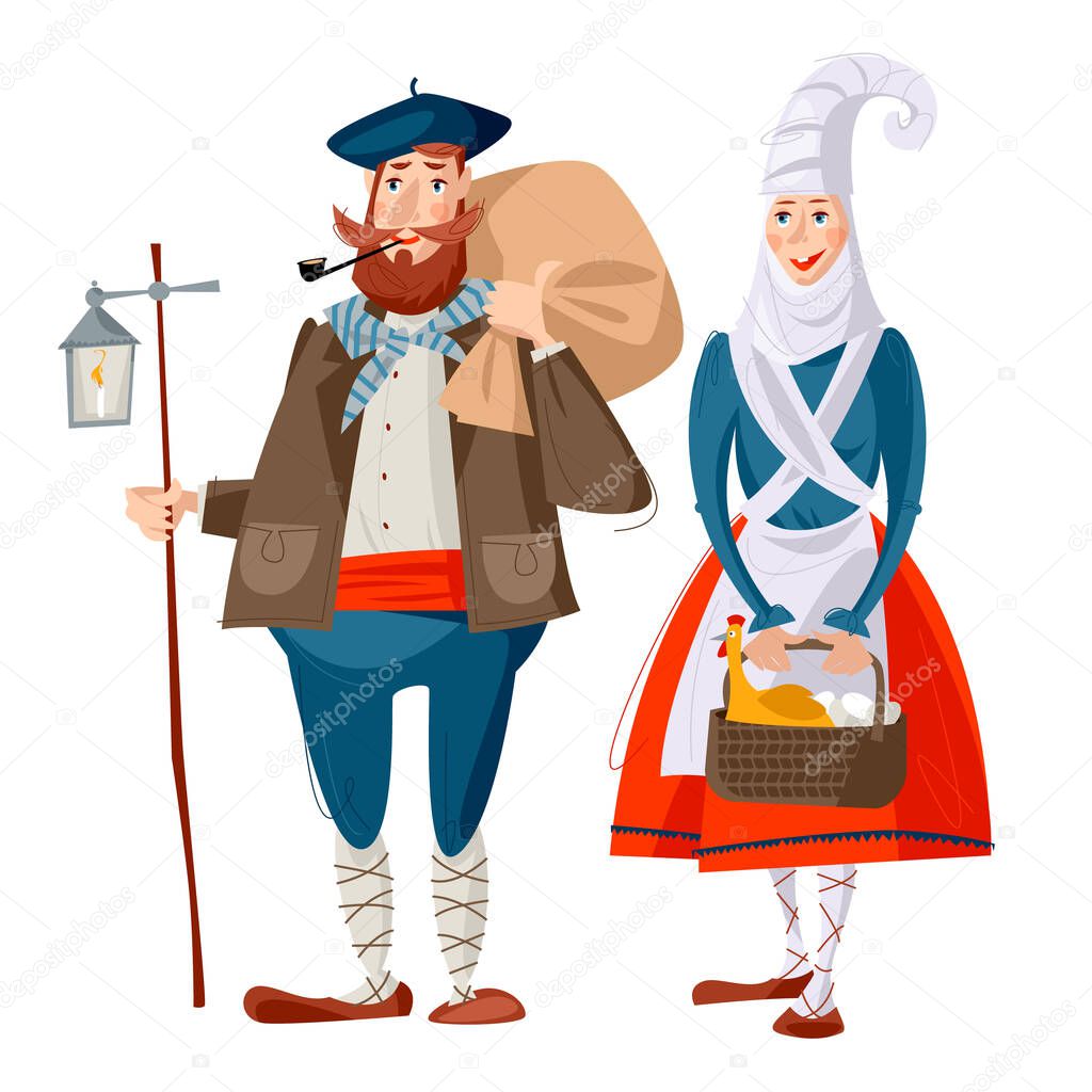 Spanish (Basque) Christmas Tradition. Olentzero and Mari Domingi. Traditional Christmas characters in Basque country and Navarre. Vector illustration