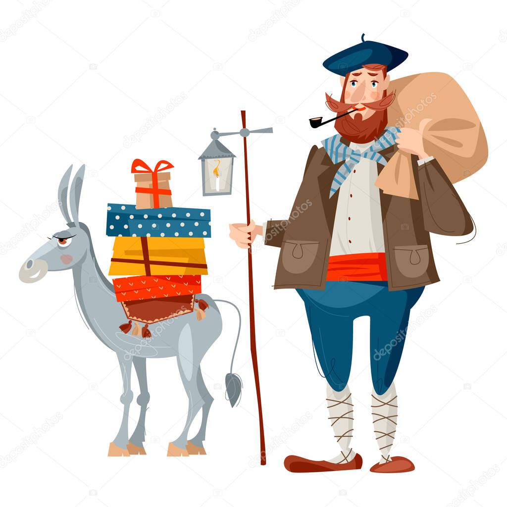 Spanish (Basque) Christmas Tradition. Olentzero and a little donkey loaded with gifts. Vector illustration