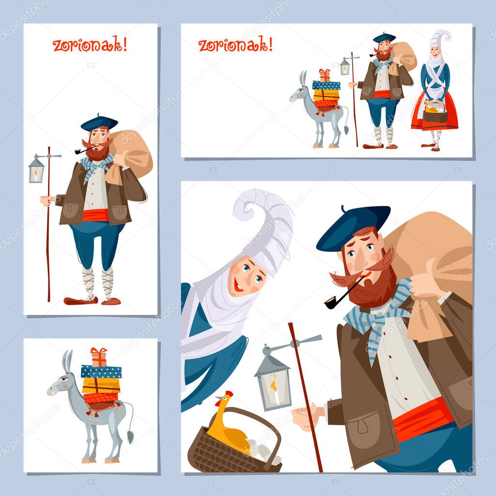 Spanish (Basque) Christmas Tradition. Set of 4 Christmas greeting cards with Olentzero, Mari Domingi and a little donkey loaded with gifts. Vector illustration