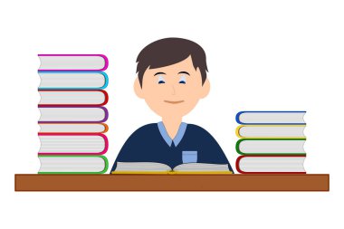 Çocuk bir sürü kitap okuyor.