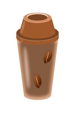 Kahverengi kahve fincanında iki kahve çekirdeği resmi var.