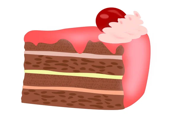 Кусок Торта Розовой Глазурью Взбитыми Сливками Вишней — стоковый вектор