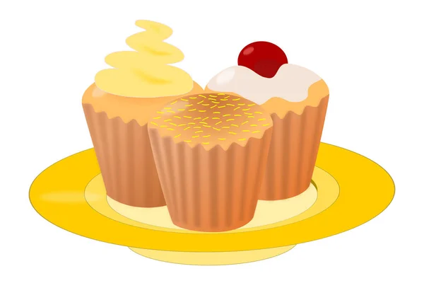 Three Desserts Embellishments Whipped Cream Cherries Yellow Plate — Stock Vector
