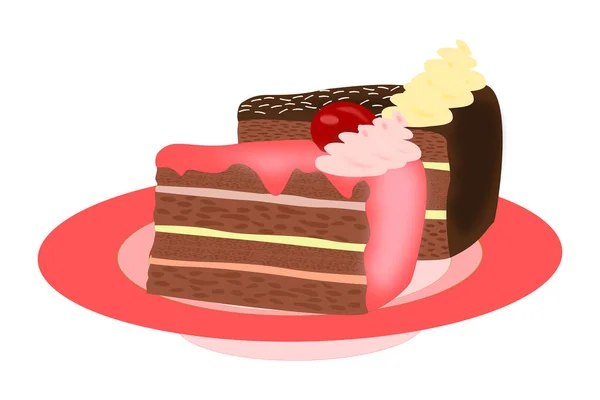 Deux Morceaux Gâteau Sur Une Assiette Rose Avec Glaçage Rose — Image vectorielle