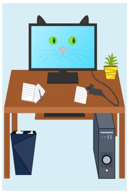Masadaki bilgisayar faresi belgeleri ısırıyor ve yeşil gözlü bir kedi monitörde ona bakıyor.