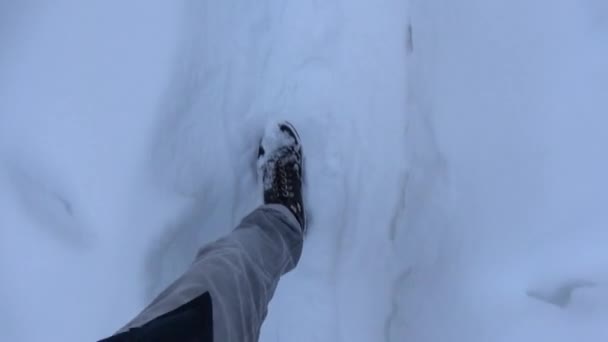 Человеческие Ноги Ботинки Снегу Путешествие Снежной Тропе — стоковое видео