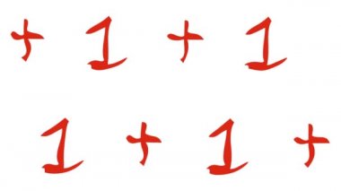 Animasyon matematiği bir artı bir. Beyaz arkaplanda kırmızı sayılar ve artılar.