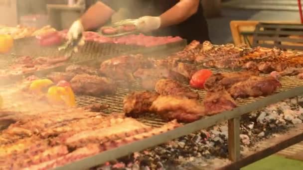 白人男性的手烤各种肉类 大烤架 Bbq肉烟熏 — 图库视频影像