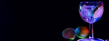 Koyu arkaplanlı limon ve buzlu cin tonik bardağı, boş kopya alanı