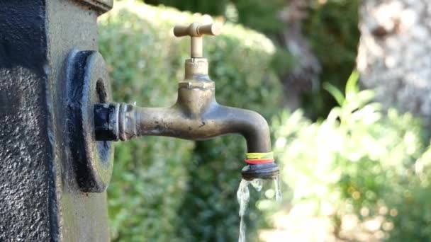 Tap water pouring from faucet outdoors — Stock Video