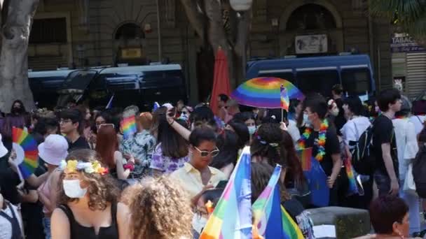 Joyful crowd waving rainbow flags — Stock Video