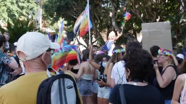 Радостная толпа размахивает радужными флагами — стоковое видео