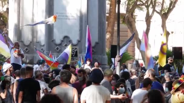 Толпа размахивает разноцветными флагами об асексуальности, бисексуальности и пансексуальности, несут братство — стоковое видео