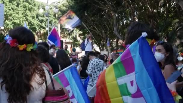 Multitud ondeando banderas de arco iris y llevar banderas de hermandad — Vídeos de Stock