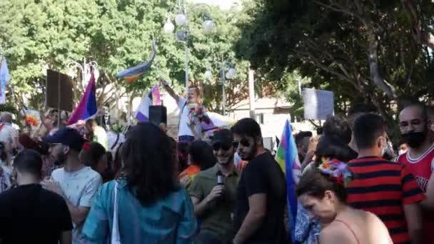 Menigte zwaaiende regenboog vlaggen en beer broederschap vlaggen — Stockvideo