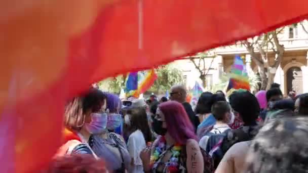 İnsanlar etraflarında bayraklarla gay gururuyla sohbet ediyorlar. — Stok video