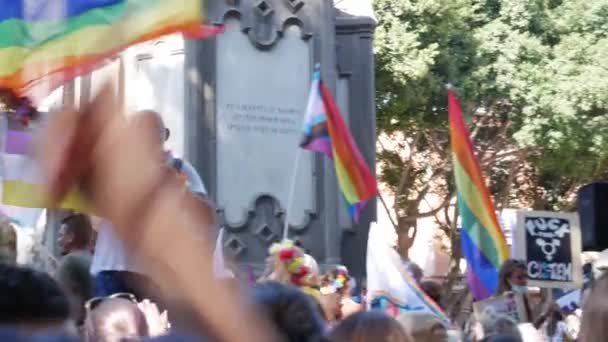 Gelukkig man met een zonnebril zwaait een regenboog vlag boven de menigte en heft zijn glas glimlachend — Stockvideo