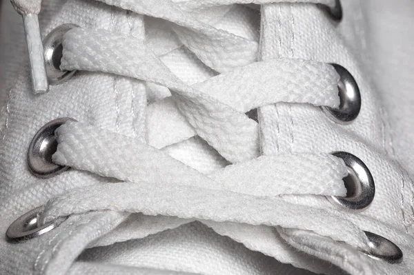 Lightly Used White Fabric Laced Trainer Sneaker Close Macro Shot — Stock Photo, Image