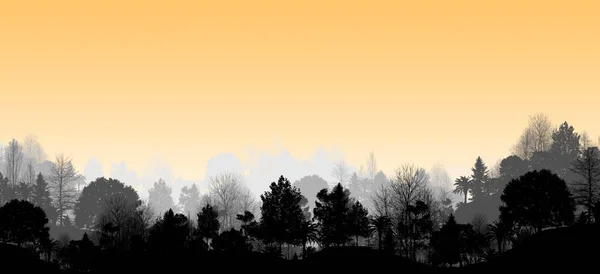 3Dイラスト美しいパノラマの山と木の景色森の山の風景と霧の中で目の山の深い目覚めの段階を持っています — ストック写真