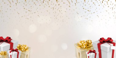 Noel kartı, doğum günü, kutlama ve yeni yıl ilan afişi için 2D illüstrasyon şablonu Noel baloları, yıldızlar, hediye kutuları ve mesaj koyulacak bir yer