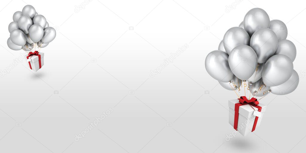 White gift box With ribbons and balloons floating on a white background Minimal concept illustration For birthday, new year, christmas, 3d render