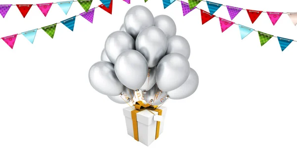 Caixa Presente Branco Com Fita Balão Dourado Flutuando Fundo Branco — Fotografia de Stock