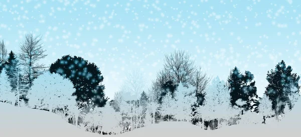 3Dイラスト青い冬の風景 青い山 松林と雪の夜 現実的な3Dイラスト — ストック写真