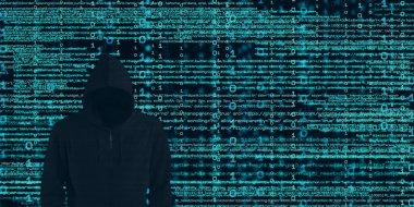 Siyah başlıklı hacker, çıkarma işlemini ikili sistemde gösteriyor. İkili akışlar ve bilgi güvenliği terimleriyle bir kod arka planının önünde durun siber güvenlik kavramı 3d illüstrasyon