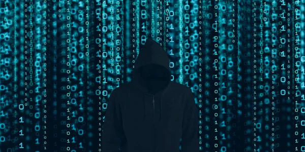 Hacker Black Hood Shows Extraction Binary Stand Front Code Background — Stock Photo, Image