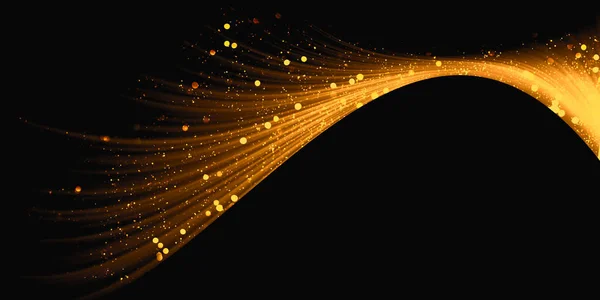 黄金の光の効果で波を育てる黒の背景に輝く星の塵の道抽象的な動き黄金の効果魔法のライン3Dイラスト — ストック写真