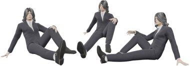 Üç boyutlu resimde, uzun siyah saçlı, en iyi takım elbiseli, yerde oturan ve dizlerinin üzerinde oturan Asyalı erkekler görülüyor. Kesme yolu ile kendinden emin bir ifade