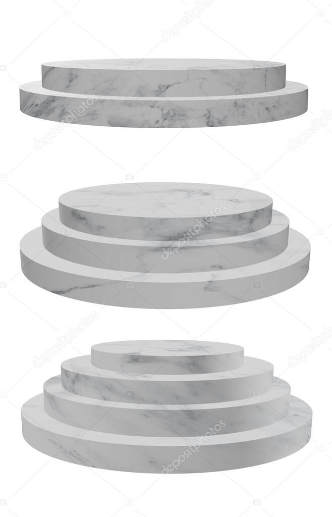 Marble Round Display Stand Product display base Empty pallet for product presentation on white background with cutting path. 3D illustration.