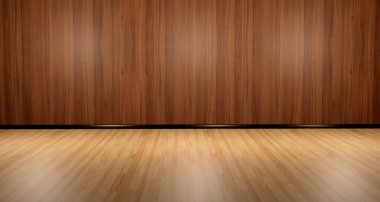 3D çizim stüdyosu duvarı ve ahşap zemin boş oda. Odanın her tarafına yayılmak üzere tasarlanmış ahşap zemin zemin zemin..