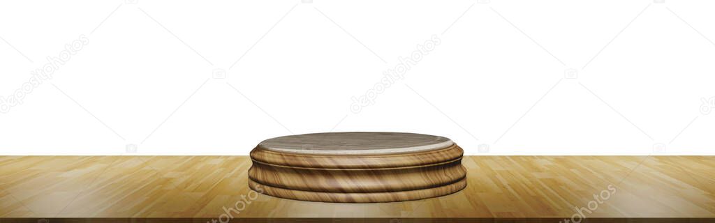 3D Illustration Round Product Showcase Round wooden display stand Empty pallets for presenting products on wooden floors. With cutting path