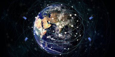 İnternet uyduları Dünya uydusu teknolojisi iletişim konsepti 3D illüstrasyon yörüngesindedir.