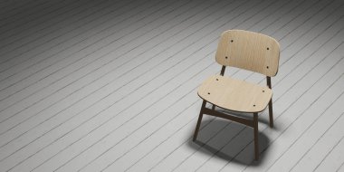 Modern sandalye ahşap zemine yerleştirilmiş ve üç boyutlu ışıklandırma yapılmış.