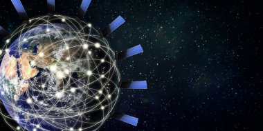 İnternet uyduları Dünya uydusu teknolojisi iletişim konsepti 3D illüstrasyon yörüngesindedir.