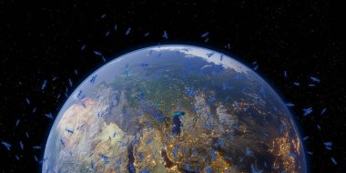 Uydu ve iletişim dünyası ve uzay samanyolu galaksisi arkaplan 3 boyutlu illüstrasyon