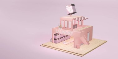 Çamaşır makinesi model çamaşır makinesi. Çamaşır yıkama servisi. Çizgi film 3 boyutlu illüstrasyon.