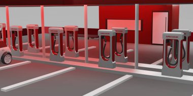 Şarj istasyonu elektrikli araba aküsü yeni enerji teknolojisi konsepti 3D illüstrasyon