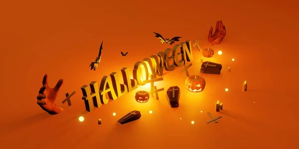 Halloween Achtergrond Grafsteen Pompoen Kruis Doodskist Gele Achtergrond Illustratie — Stockfoto