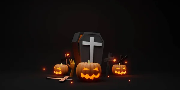 Halloween Achtergrond Pompoen Kruis Vleermuis Doodskist Zwarte Achtergrond Illustratie — Stockfoto