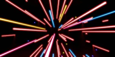 Siyah zemin üzerinde çok renkli lazer ışığı NEON ışığı 3D illüstrasyon