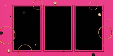 boncuk ve yüzüklerle süslenmiş pembe arkaplan üzerindeki siyah metin çerçevesi 3 boyutlu illüstrasyon